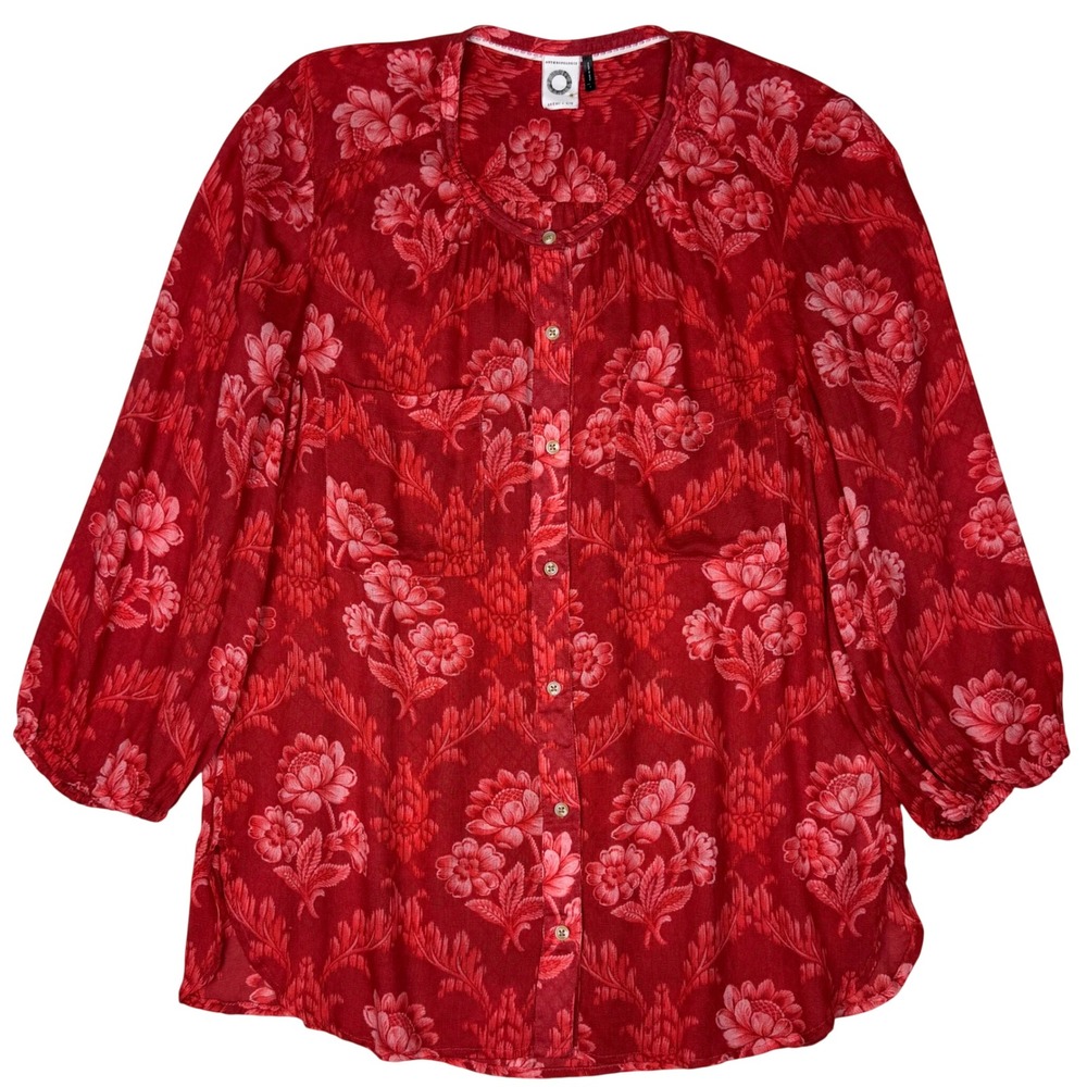 Anthropologie Akemi + Kin Floral Button Up Blouse L Orange Red Womens Boho Chic